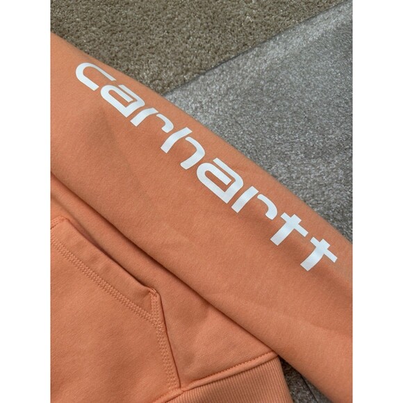 Carhartt Hoodie Women’s large Relaxed Fit Clarksburg Logo Sleeve Pullover Sunset - Picture 3 of 4